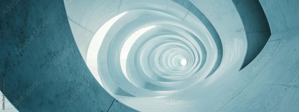 Abstract spiral architecture, teal concrete, light.