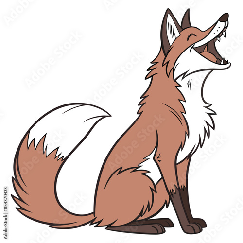 A grinning fox sitting upright with its tail curled around its paws