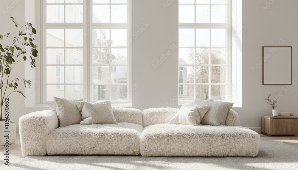 Fototapeta premium Cozy Modern Living Room with Fluffy Sofa Large Windows