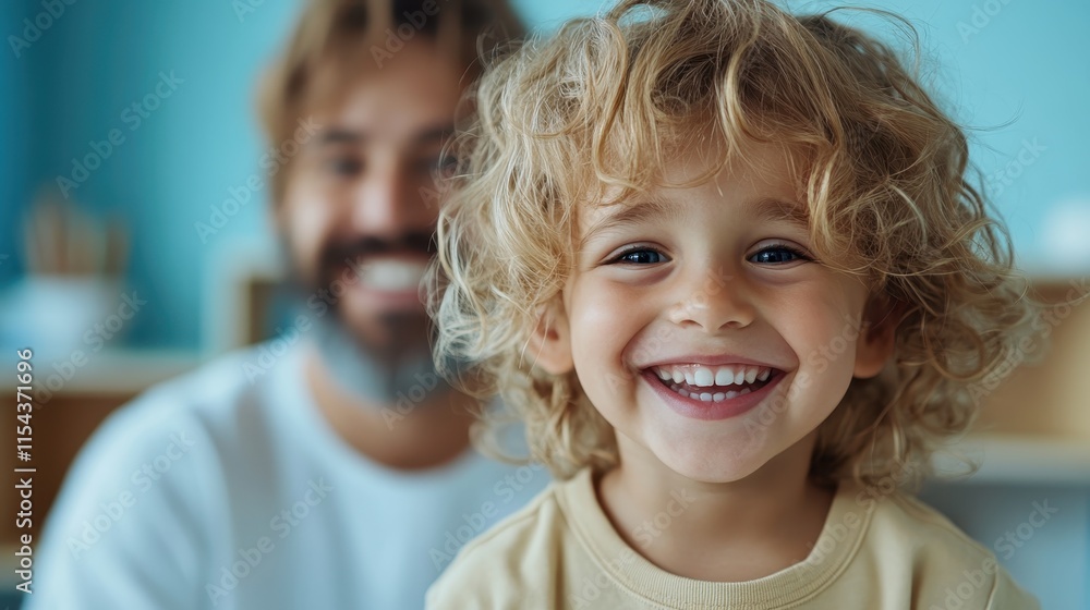A cheerful young child with curly blonde hair beams with a joyful smile indoors, capturing a vivid moment of happiness and innocence next to a softly blurred background figure. A cheerful young child with curly blonde hair beams with a joyful smile indoors, capturing a vivid moment of happiness and innocence next to a softly blurred background figure.