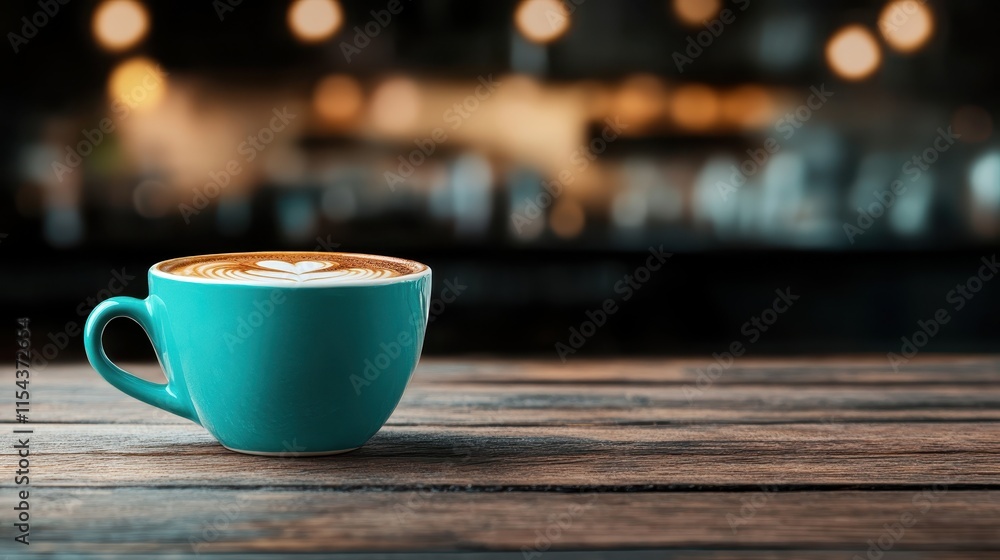 A teal mug holding a latte with intricate latte art sits on a wooden table with a bokeh background of blurry lights, creating a warm and cozy coffee shop ambiance. A teal mug holding a latte with intricate latte art sits on a wooden table with a bokeh background of blurry lights, creating a warm and cozy coffee shop ambiance.