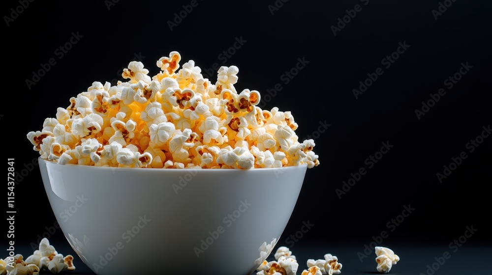 A bowl of popcorn is illuminated against a dramatic dark background, emphasizing the texture and warmth, ideal for conceptual images of cinema or indulgence scenes. A bowl of popcorn is illuminated against a dramatic dark background, emphasizing the texture and warmth, ideal for conceptual images of cinema or indulgence scenes.