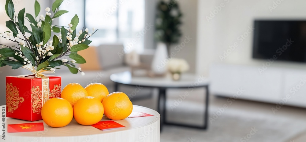 A festive arrangement of oranges and decorations in a modern living space. A festive arrangement of oranges and decorations in a modern living space.