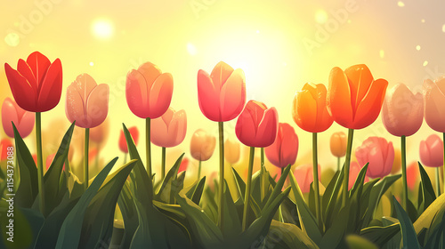 Rows of perfectly arranged tulips stand tall in a sunlit field , flowers, garden. Sunlit. Illustration