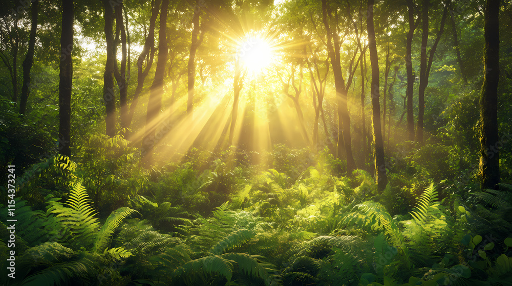 Obraz premium Softly glowing sunlit forest with tall trees and lush greenery, sunlight, undergrowth, ferns. Sunlit. Illustration