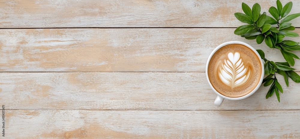 A cup of latte art on a wooden table with green leaves. A cup of latte art on a wooden table with green leaves.