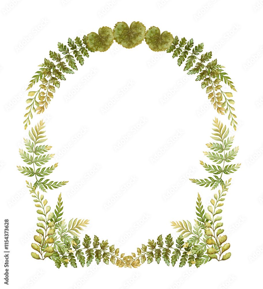 Arched wreath with fern leaves botanical card template in earth tone. Hand drawn watercolor elegant floral frame. Perfect for the use of ecological material and sustainable designs. Arched wreath with fern leaves botanical card template in earth tone. Hand drawn watercolor elegant floral frame. Perfect for the use of ecological material and sustainable designs.