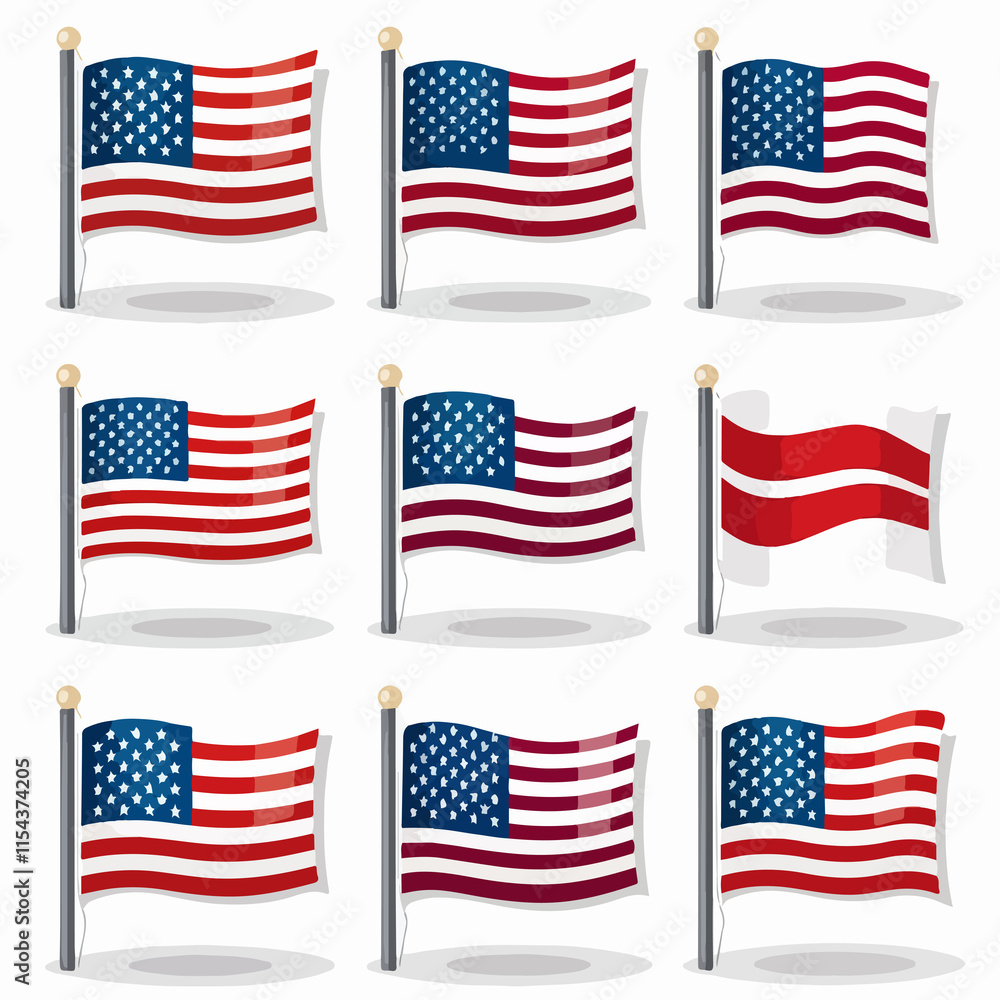 Nine USA flags icons set for use in design projects, illustration isolated on white background Nine USA flags icons set for use in design projects, illustration isolated on white background