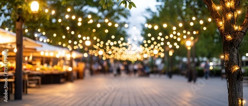 Evening market street with lights.