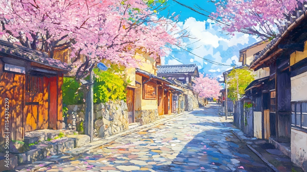 Fototapeta premium Vibrant Digital Painting: Cherry Blossoms Gracefully Frame a Sunny Spring Street. AI Generated