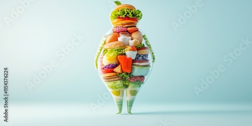 Creative Depiction of a Human Shape Composed of Healthy and Fast Foods, symbolizing dietary diversity and nutrition challenges. photo