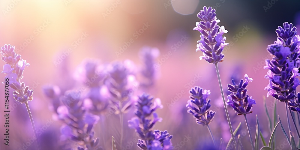 Obraz premium Sunset over lavender field with blooming purple flowers in a peaceful garden