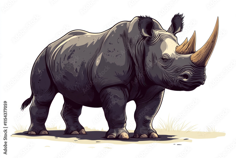 Fototapeta premium Rhino standing in grass, gazing at the horizon.