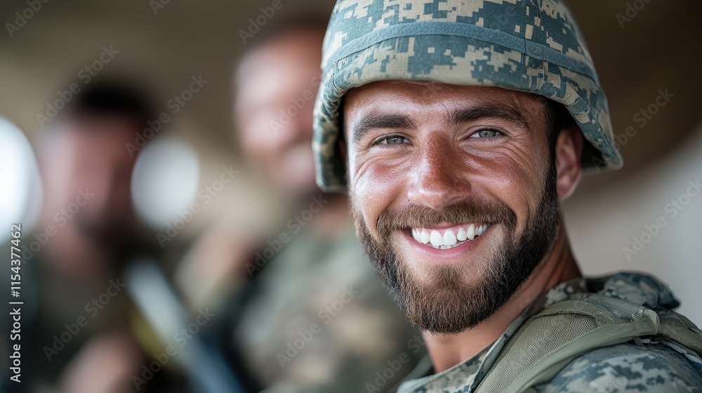 A young soldier with a bright smile wearing an army helmet, surrounded by fellow soldiers blurred in the background, exuding pride and youthful vibrancy in service. A young soldier with a bright smile wearing an army helmet, surrounded by fellow soldiers blurred in the background, exuding pride and youthful vibrancy in service.