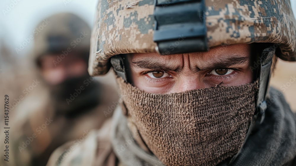 © Dulemegapixel - A close-up image of a soldier dressed in camouflage, with a serious and determined expression, showcasing readiness and concentration amidst combat or training. © Dulemegapixel - A close-up image of a soldier dressed in camouflage, with a serious and determined expression, showcasing readiness and concentration amidst combat or training.