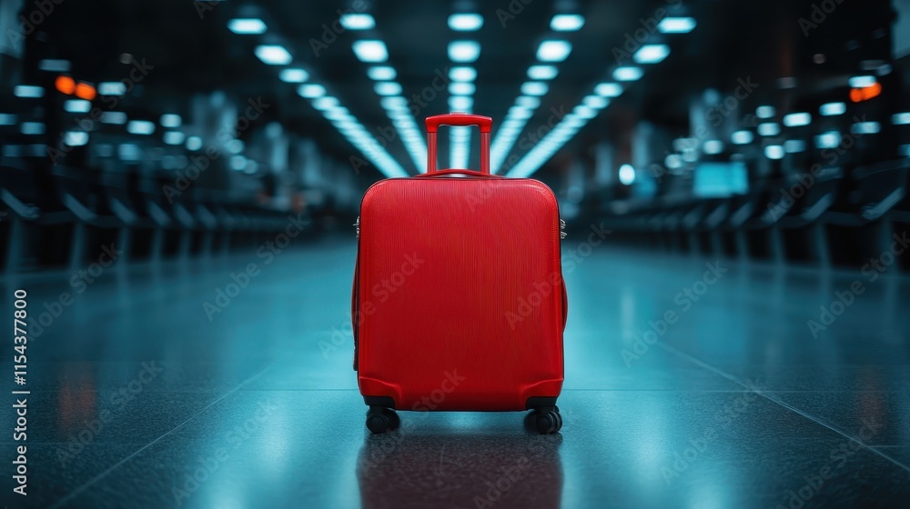 A red suitcase stands alone in a sleek and minimalist airport hallway illuminated by soft lighting, symbolizing travel, anticipation, and modern design elegance.