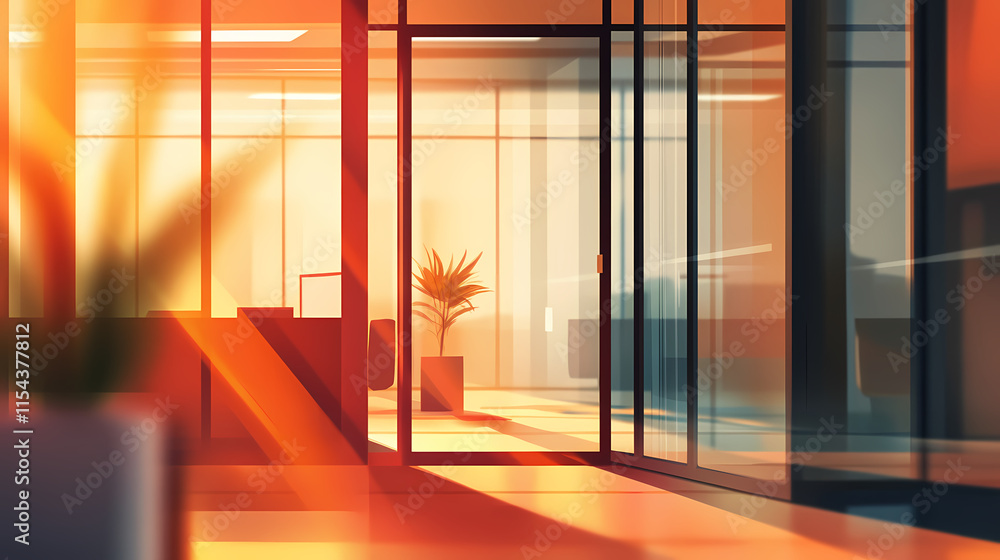 Blurry view through glass doors of an office. Sunlit. Illustration Blurry view through glass doors of an office. Sunlit. Illustration