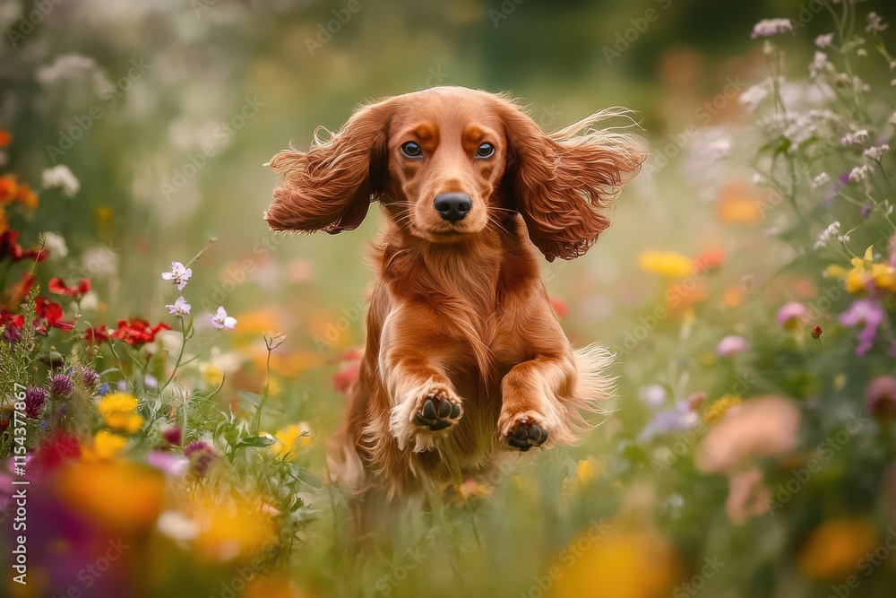 Energetic Cocker Spaniel in vibrant wildflower field captures freedom Energetic Cocker Spaniel in vibrant wildflower field captures freedom
