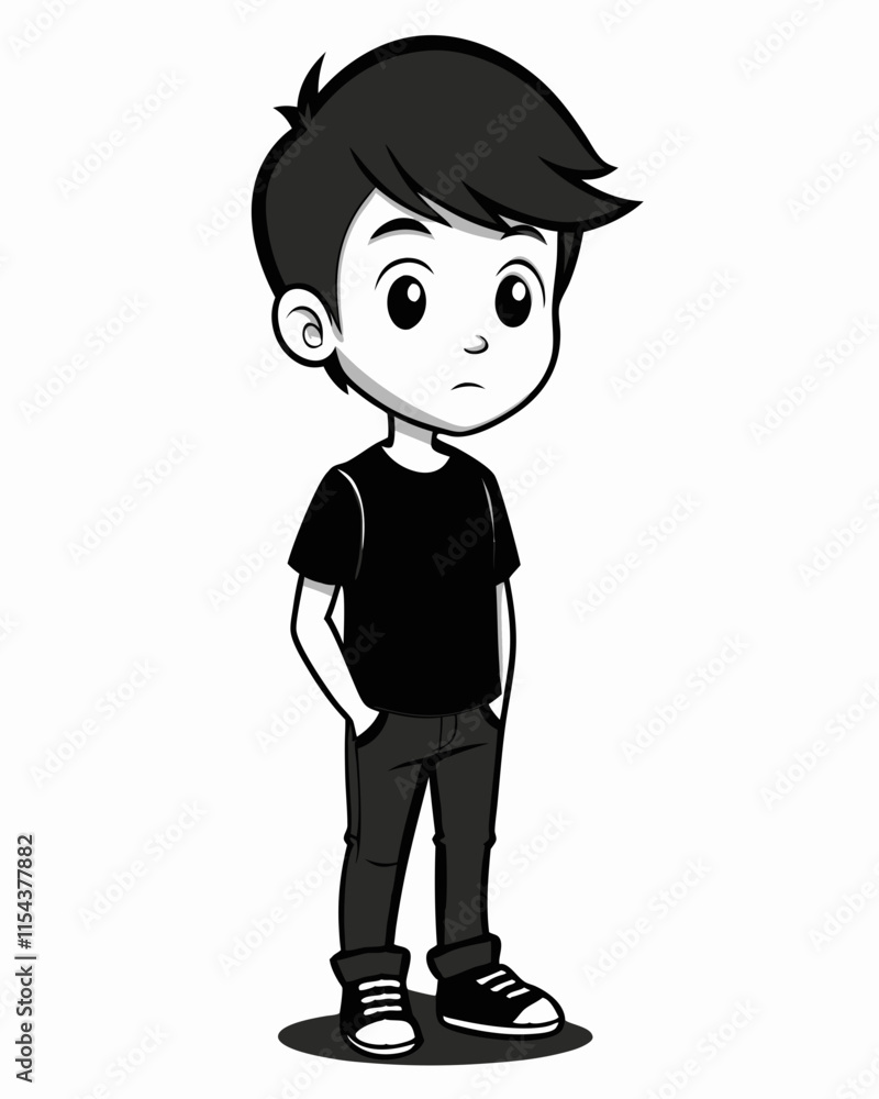 Sad Boy Cartoon Silhouette in Black and White Sad Boy Cartoon Silhouette in Black and White