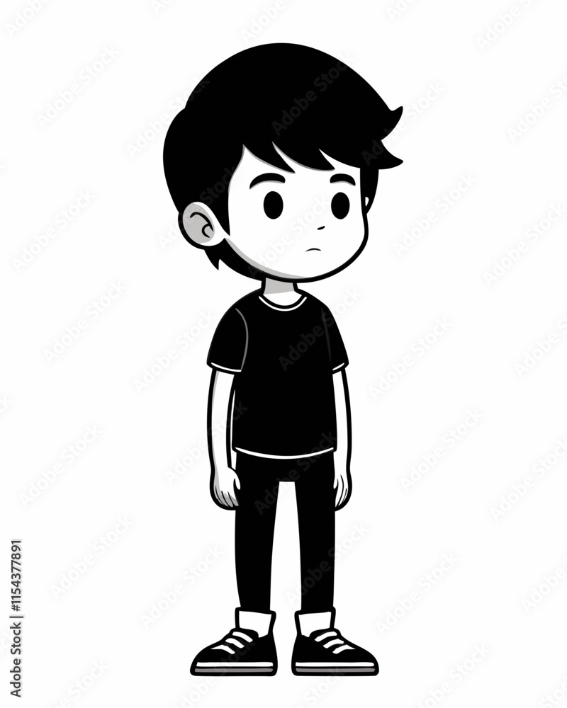 Sad Boy Cartoon Silhouette in Black and White Sad Boy Cartoon Silhouette in Black and White