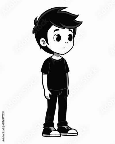 Sad Boy Cartoon Silhouette in Black and White"