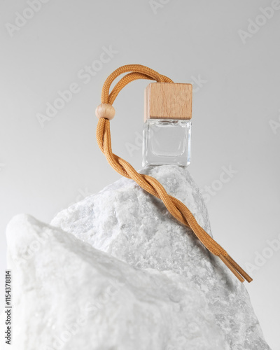Car perfume in glass bottle with wooden cap on stone on light background