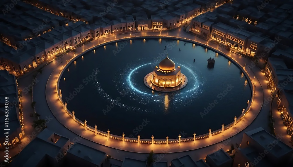 Obraz premium Golden Mosque Night Aerial View Illuminated Cityscape Serene Waterscape