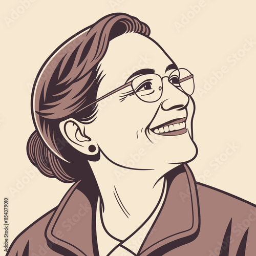 An illustration of a mature woman with glasses, smiling