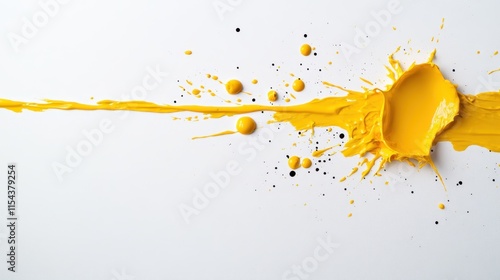 A bold splash of vivid yellow paint spreads across a clean white canvas, showcasing an explosive burst of creativity and artistic expression at its purest form. photo