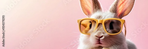 A cute bunny in trendy sunglasses symbolizes Easter joy against a colorful pastel background, enhancing cheerful celebrations with family and friends, capturing springtimes essence and holiday charm photo