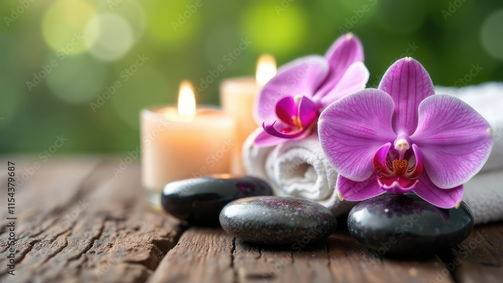 A pink orchid, candles, stones, and a towel are arranged on a wooden surface.
Concept of: spa treatment. A pink orchid, candles, stones, and a towel are arranged on a wooden surface.
Concept of: spa treatment.