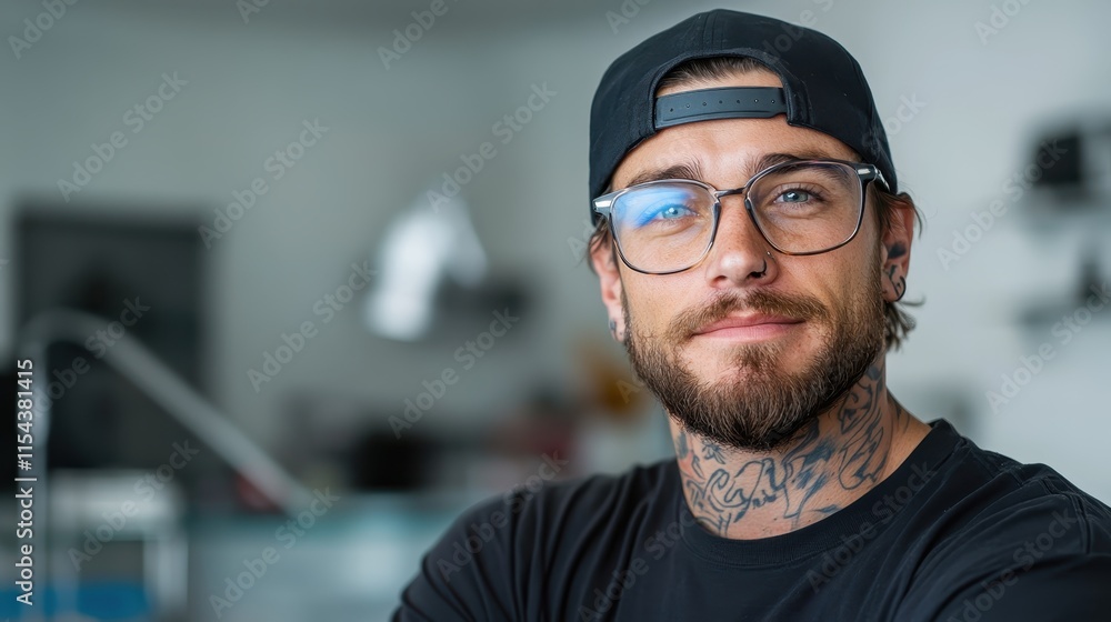 A tattooed man with glasses and a cap, seated in a creative zone, exudes an aura of intellect and rebellious flair, embracing individuality and style. A tattooed man with glasses and a cap, seated in a creative zone, exudes an aura of intellect and rebellious flair, embracing individuality and style.