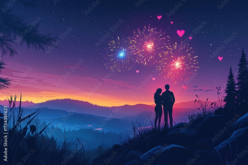 Fototapeta premium Couples enjoy a romantic evening as fireworks illuminate the night sky over a mountain landscape