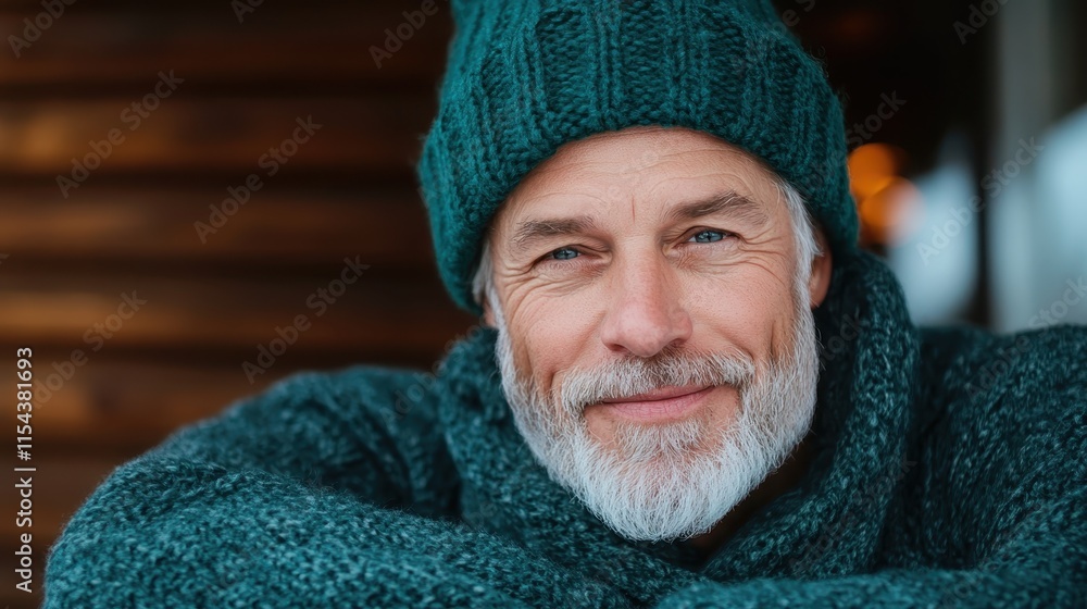 A cheerful man enjoys a cold day, exhibiting comfort and confidence as he smiles warmly, dressed in a cable knit sweater and beanie against a wooden backdrop. A cheerful man enjoys a cold day, exhibiting comfort and confidence as he smiles warmly, dressed in a cable knit sweater and beanie against a wooden backdrop.