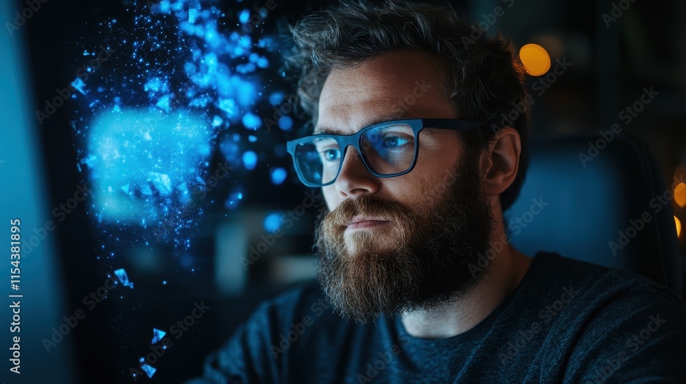 A bearded man with glasses focuses on his computer, with abstract digital elements swirling around, symbolizing creativity and modern digital work dynamics. A bearded man with glasses focuses on his computer, with abstract digital elements swirling around, symbolizing creativity and modern digital work dynamics.