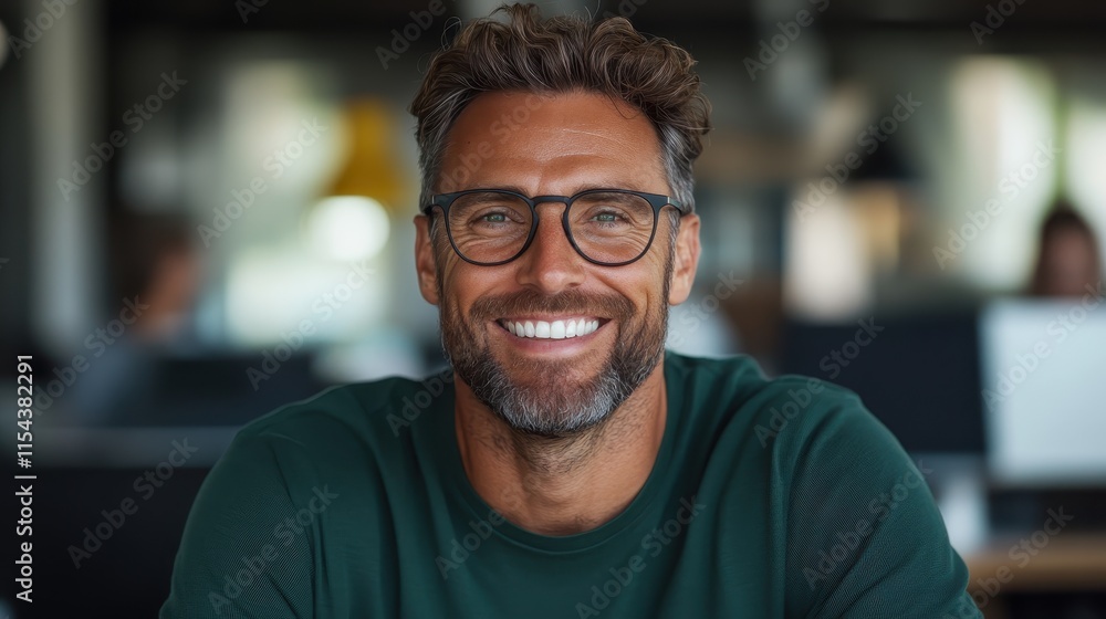 A casually dressed man with glasses smiles warmly, sitting in an office with a blurred background, conveying a welcoming and friendly atmosphere. A casually dressed man with glasses smiles warmly, sitting in an office with a blurred background, conveying a welcoming and friendly atmosphere.