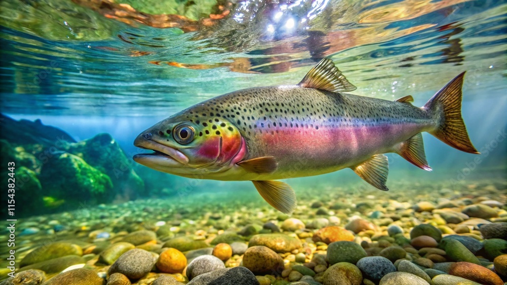 Naklejka premium Rainbow trout in clear water, vibrant underwater scene.