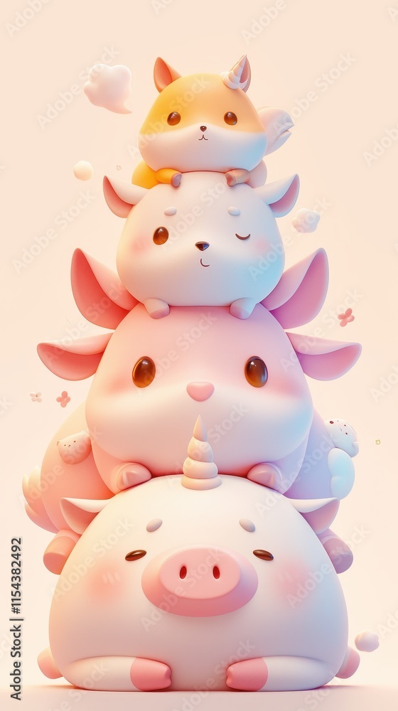 Cute stacked animals featuring a pig, unicorn, and other adorable creatures. Cute stacked animals featuring a pig, unicorn, and other adorable creatures.