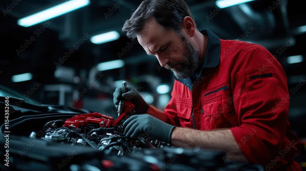 custom made wallpaper toronto digitalA focused mechanic in a red uniform expertly works under the hood of a car in a dimly-lit garage, symbolizing precision and dedication in automotive repair.