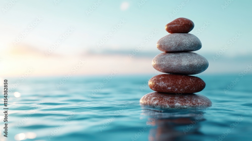 Five layered stones stand upright on ocean waters, illuminated by the sunlight, depicting nature's stability and peace amidst a soft blue sky backdrop. Five layered stones stand upright on ocean waters, illuminated by the sunlight, depicting nature's stability and peace amidst a soft blue sky backdrop.
