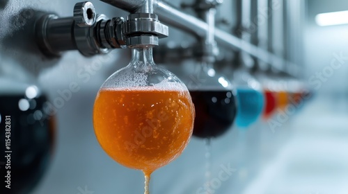 Wallpaper Mural A close-up of a glass bulb containing vibrant orange dye used in the textile industry, emphasizing the color and chemical processes in fabric dyeing technology. Torontodigital.ca