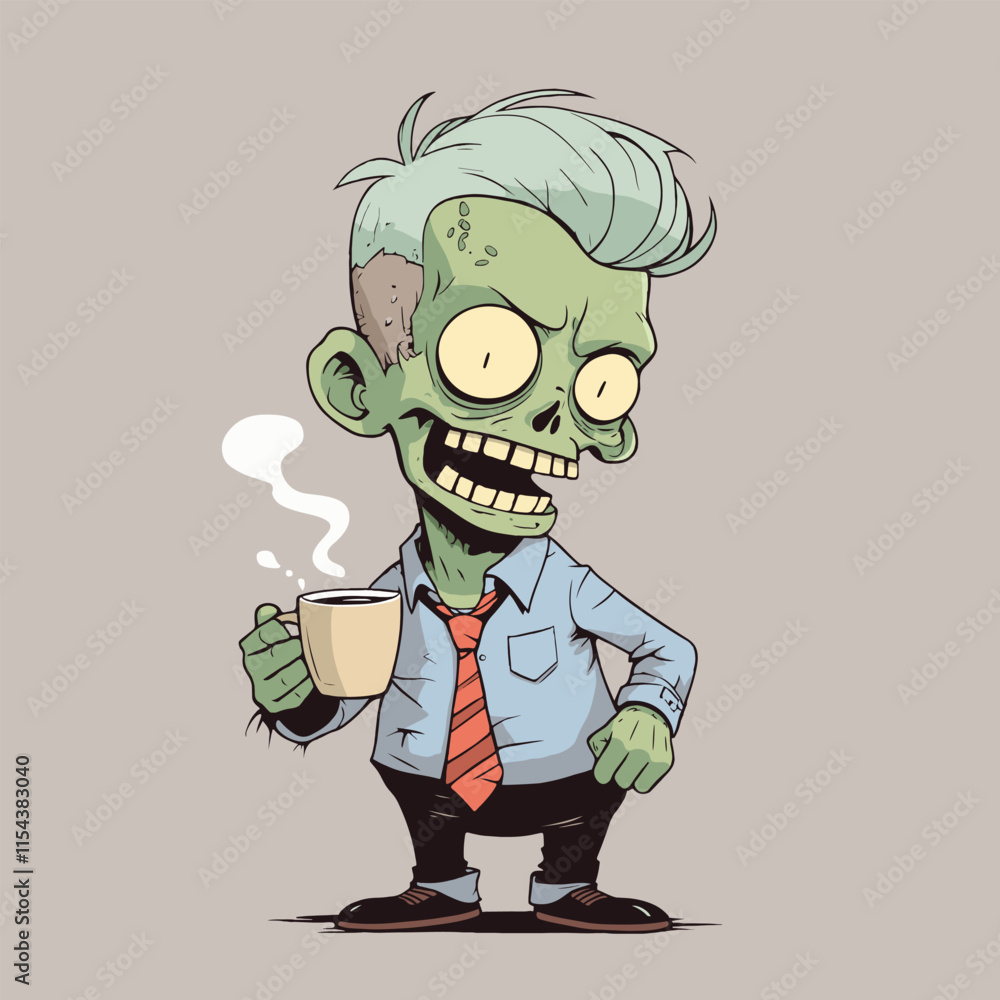Happy smiling zombie holding a cup of refreshment hot coffee . Vector illustration Happy smiling zombie holding a cup of refreshment hot coffee . Vector illustration