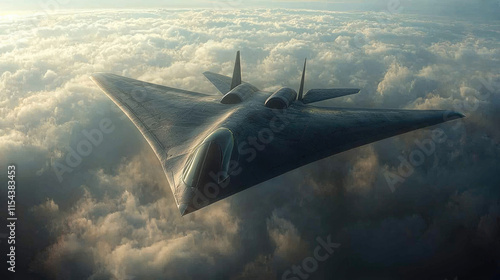 Futuristic stealth bomber above clouds in golden light photo