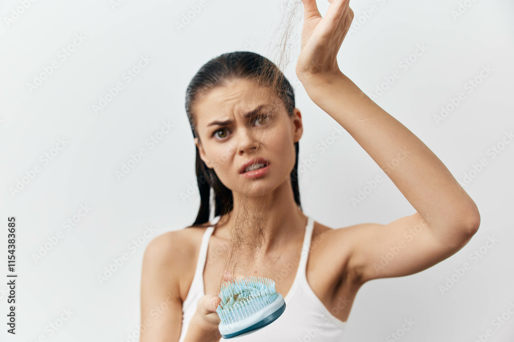 Hair loss, woman feeling distressed, holding hair in hand, worried expression, beauty concept, health awareness, white background, natural light, focused emotions, close up shot, personal care Hair loss, woman feeling distressed, holding hair in hand, worried expression, beauty concept, health awareness, white background, natural light, focused emotions, close up shot, personal care