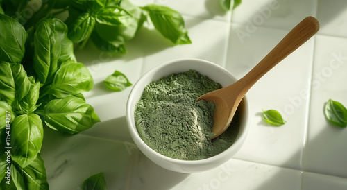 Bowl of Dried Basil Cyanidium Grass Powder with Wooden Spoon and Fresh Basil Leaves on White  Tiles photo