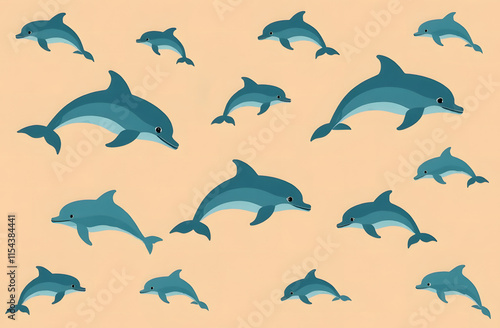Seamless pattern with blue dolphins on mocha mousse background. Wrapping paper concept. Banner. Vector illustration