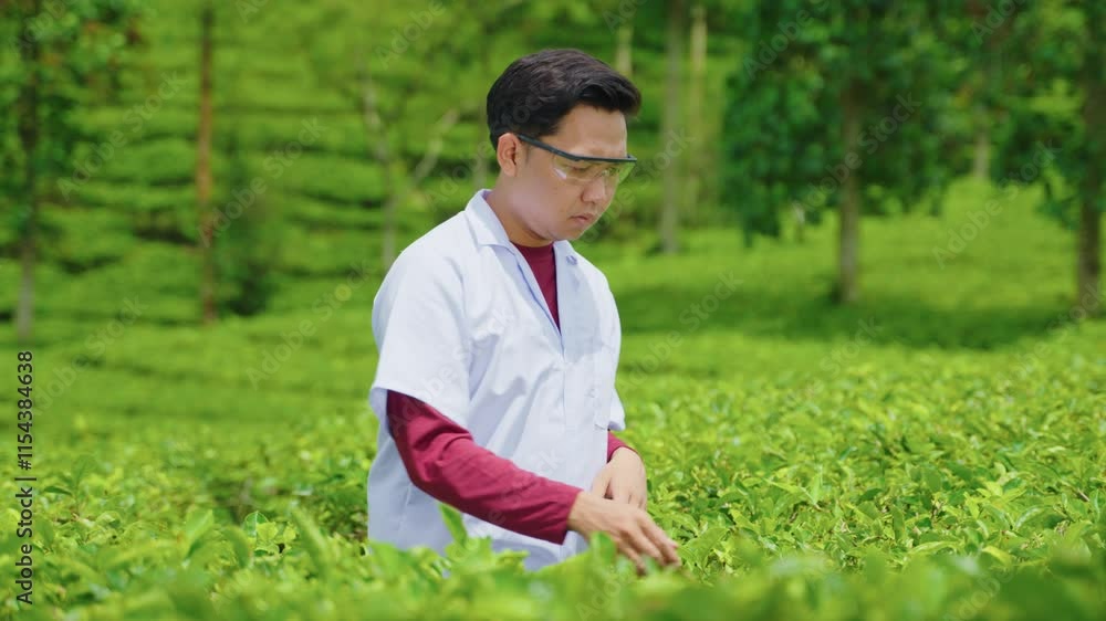 Tea farming quality control with happy agronomist inspecting leaves in the field. Expert focuses on ensuring organic standards and growth analysis. Farming, tea, leaves, agronomist, organic Tea farming quality control with happy agronomist inspecting leaves in the field. Expert focuses on ensuring organic standards and growth analysis. Farming, tea, leaves, agronomist, organic