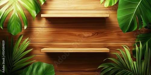 Rustic Wooden Shelves with Green Tropical Leaves for Natural Interior Design photo