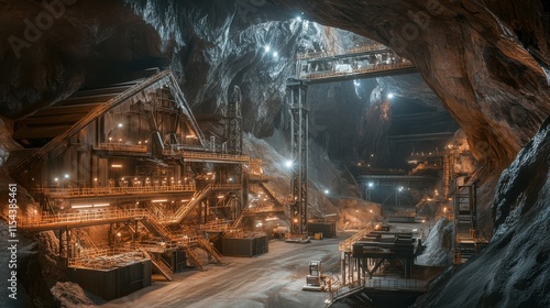 Dramatic Side Lighting in Subterranean Ore Processing Complex: Industrial Hydrocyclones, Mechanical Classifiers, and Steel Framework Capture the Essence of Mining Operations. photo