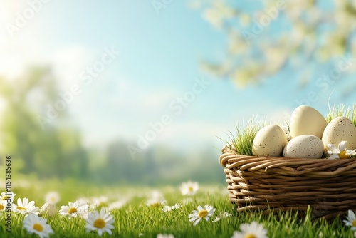 In a picturesque Easter scene, a wicker basket filled with colorful eggs rests in a grassy meadow dotted with daisies, all under a bright blue sky, enhancing the joyful festive atmosphere photo